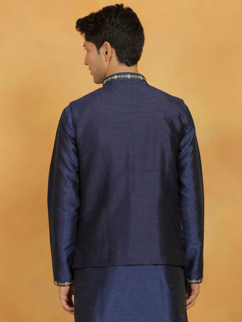 Vastramay Men's Navy Blue Dupion Silk Nehru Jacket